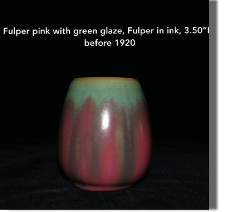 Fulper vase with pink and green glaze, Fulper marked in ink, 3.50" high, before 1920